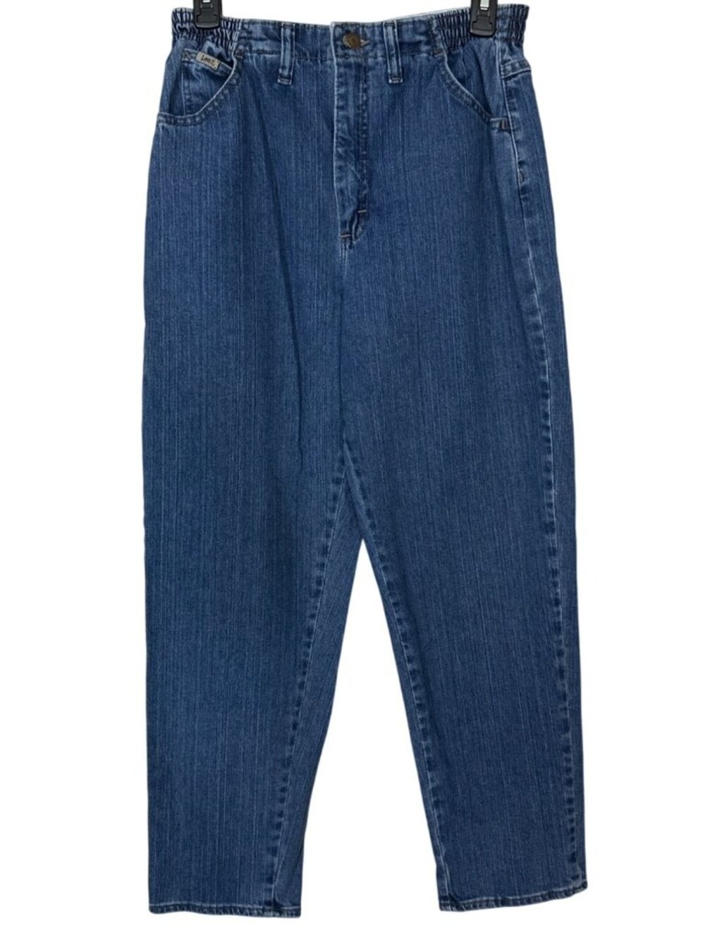 90s Y2k Lee High Waist Jeans 10 Short Side Elastic Waist Tapered Blue 27x27 - Picture 6 of 6